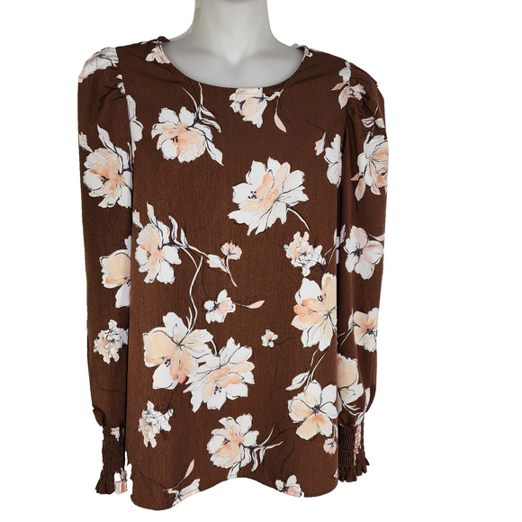 Pleione Womens Floral Blouse Medium Brown Pullover Long Puff Sleeve Smocked Cuff - Picture 1 of 11